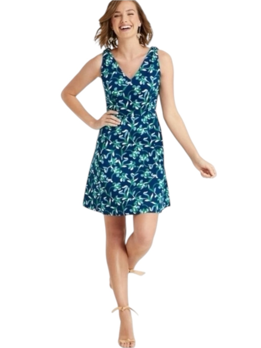 NWT Draper James Blue Floral Knot Shoulder V-Neck Sleeveless Cotton Dress (10)